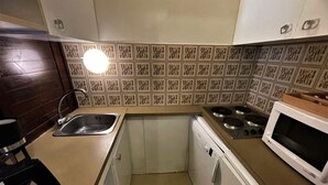 Una cocina compacta equipada con lavaplatos, hornalla, microondas y pileta.
