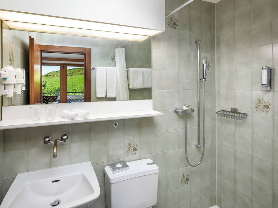 Een badkamer met een wastafel, toilet en douche. Boven de wastafel hangt een spiegel, en een handdoekrek met handdoeken.