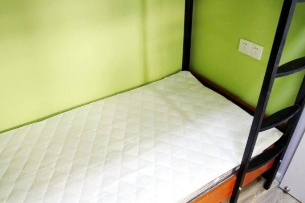 Un lit superposé avec un matelas et un mur vert.