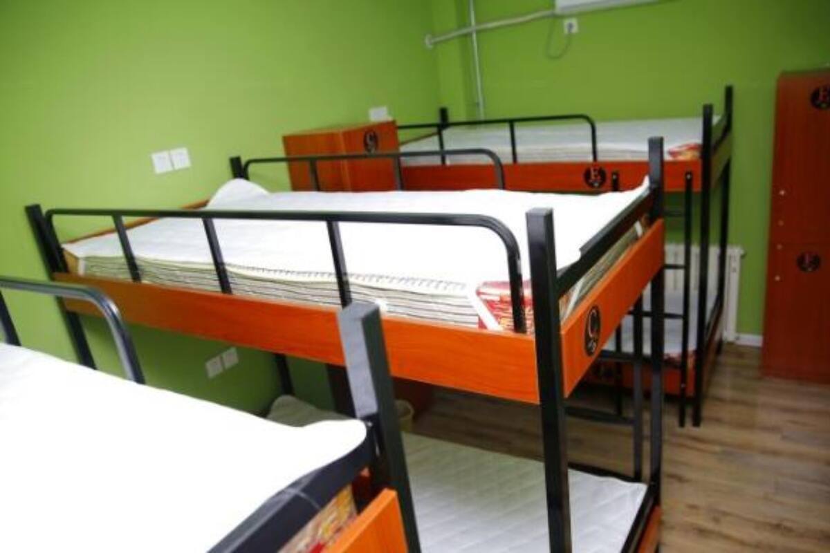 Une chambre de dortoir avec des lits superposés, des murs verts et un plancher en bois.