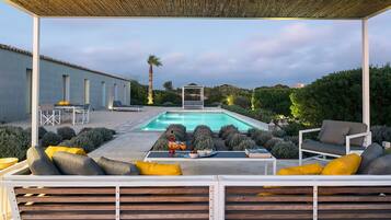 Seasonal outdoor pool, pool umbrellas, pool loungers
