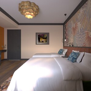 A hotel room with a large bed, a framed picture on the wall, and a patterned tapestry. - Hanoi L'heritage Diamond Hotel & Spa (Hanoi)