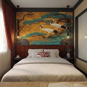 A hotel room with a large bed, a headboard with a mural, two bedside tables with lamps, and a window with curtains. - Hanoi L'heritage Diamond Hotel & Spa (Hanoi)