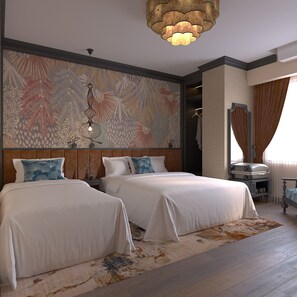 A hotel room with two beds, a large decorative wall, a hanging light fixture, and a wardrobe. - Hanoi L'heritage Diamond Hotel & Spa (Hanoi)