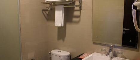 Un baño con inodoro, lavabo, espejo y toallero.