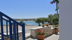 A stone pathway leading to a blue gate overlooking a body of water, with potted plants and a clear sky. - Bocamviglies By The Sea (Paros)