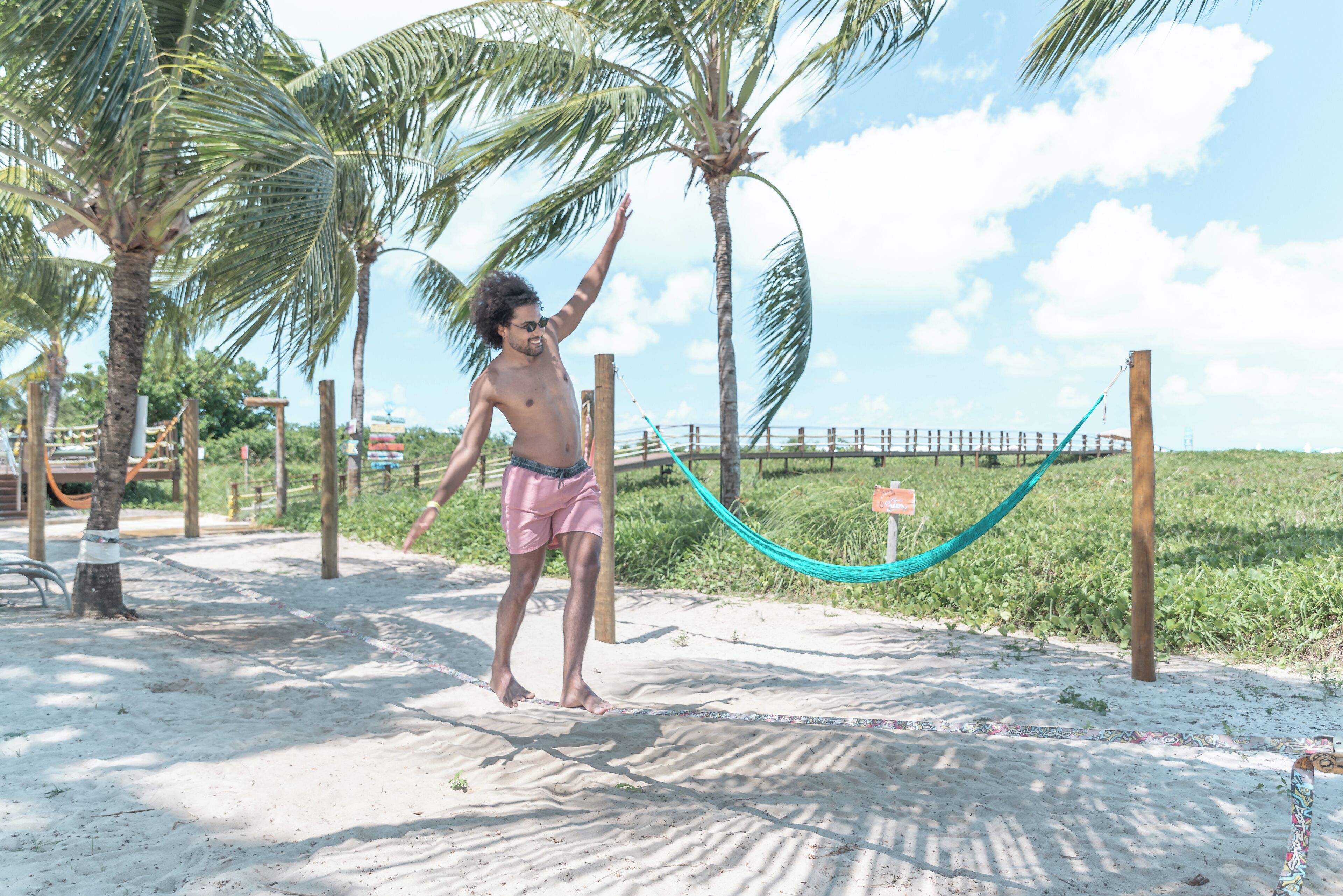 Una playa arenosa con palmeras y una hamaca.