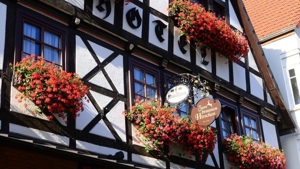 A traditional half-timbered building with flower boxes on the windows and a sign indicating a restaurant. - Hotel zum braunen Hirschen (Bad Driburg)