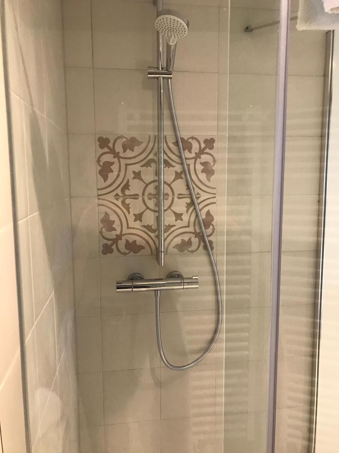 A shower with a handheld showerhead and a wall-mounted control.