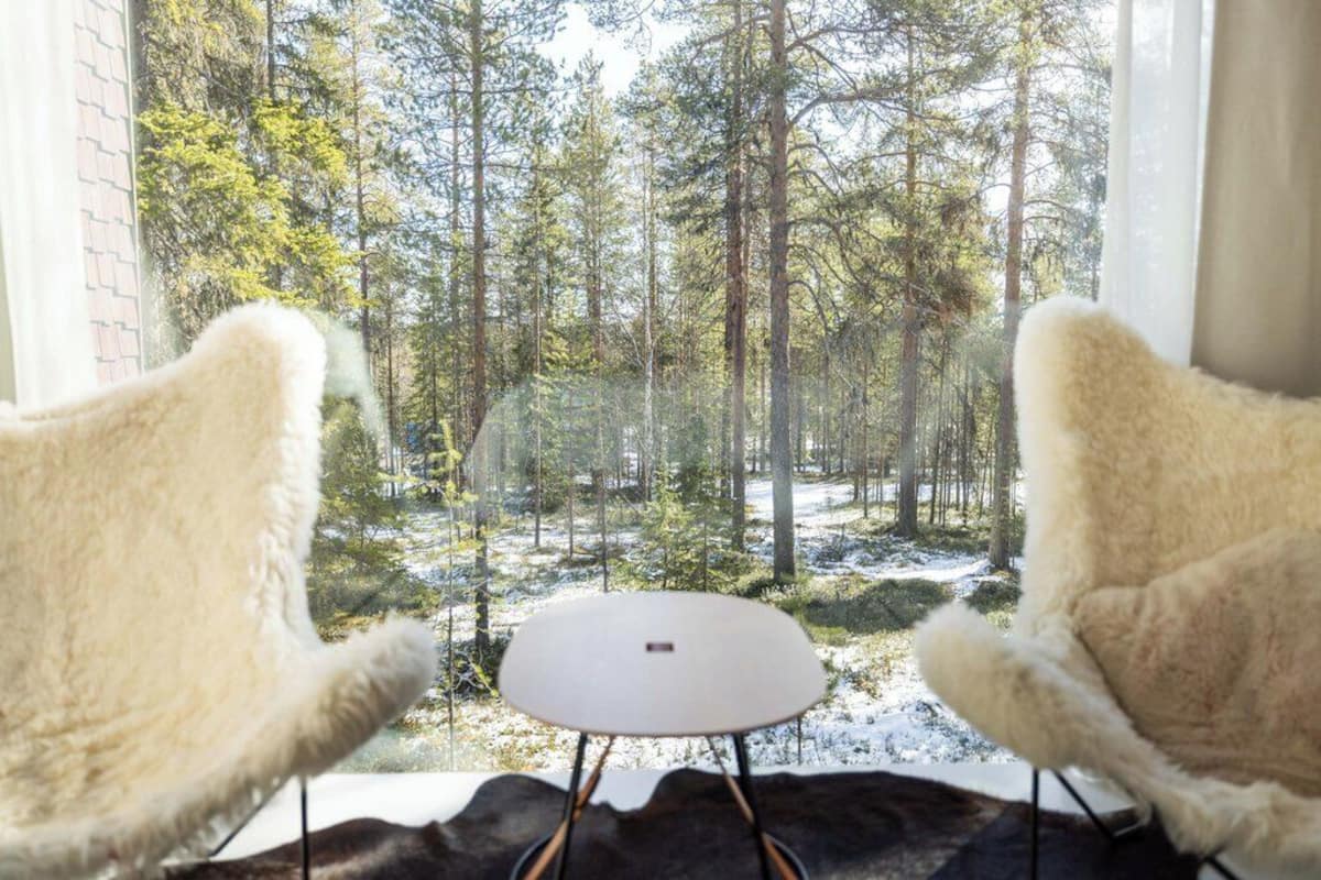 A room with two plush chairs facing a window overlooking a forested area with snow on the ground.
