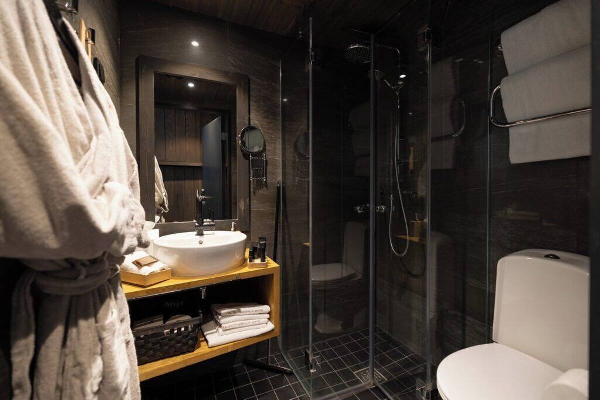 arctic treehouse suite double (extra bed) and view | bathroom | shower, rainfall showerhead, eco-friendly toiletries, hair dryer