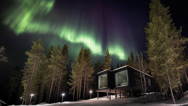 A modern cabin with a glass facade, surrounded by snow-covered ground and tall pine trees, under a night sky with the Northern Lights. - Arctic TreeHouse Hotel (Rovaniemi)