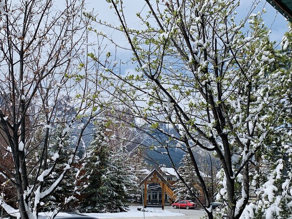 A snow-covered mountain town with a wooden building labeled 'Cornerstone.' - *Mountain View * NewlyReno luxury 2 BR/2BA chalet w/AC, pool open year round (Canmore)