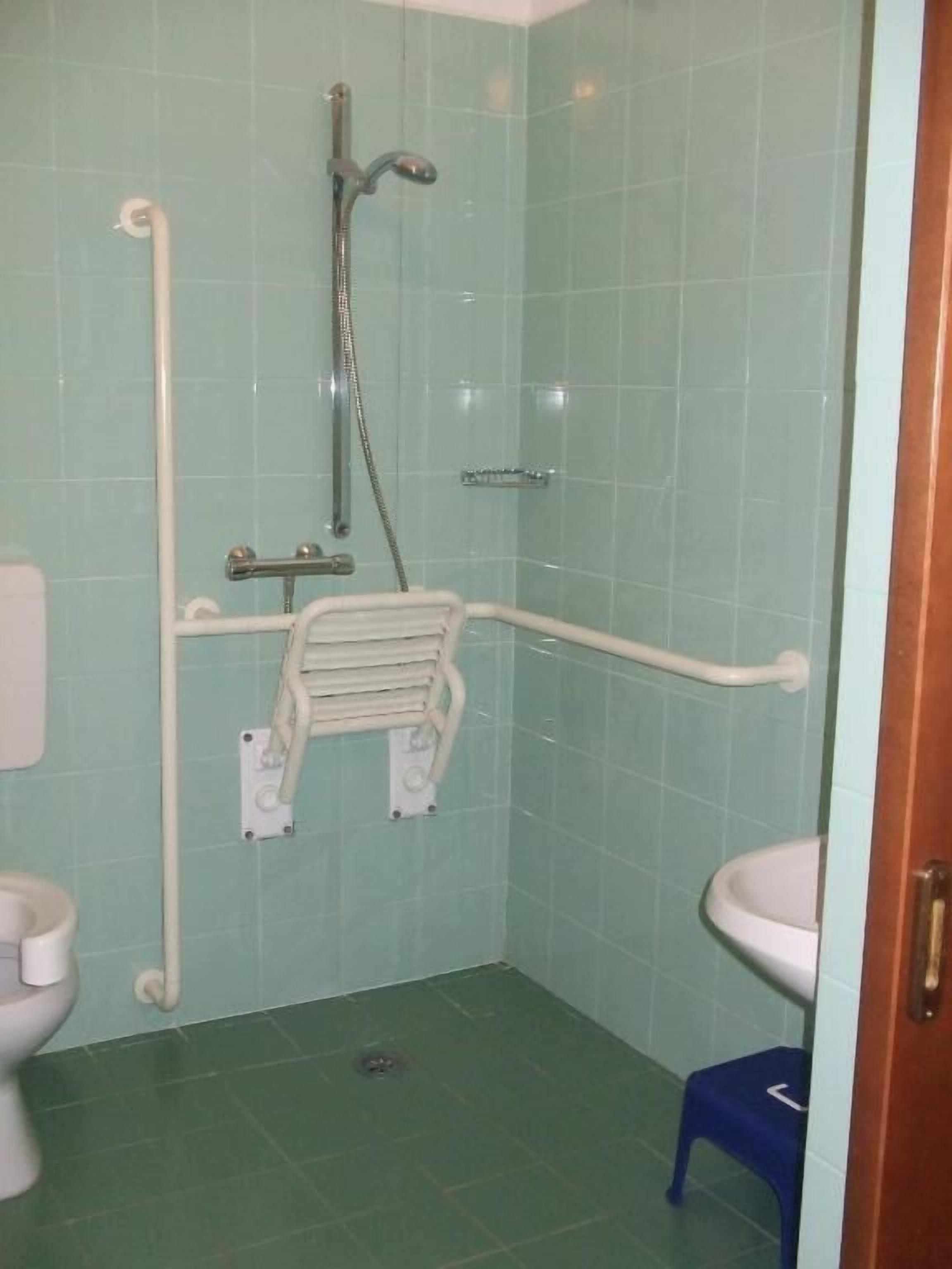 Ein Badezimmer mit Dusche, Haltegriffen, Toilette und Waschbecken.