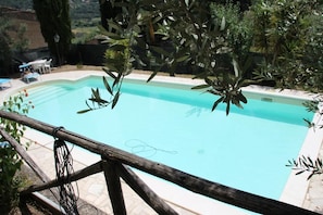 Seasonal outdoor pool, pool umbrellas, pool loungers