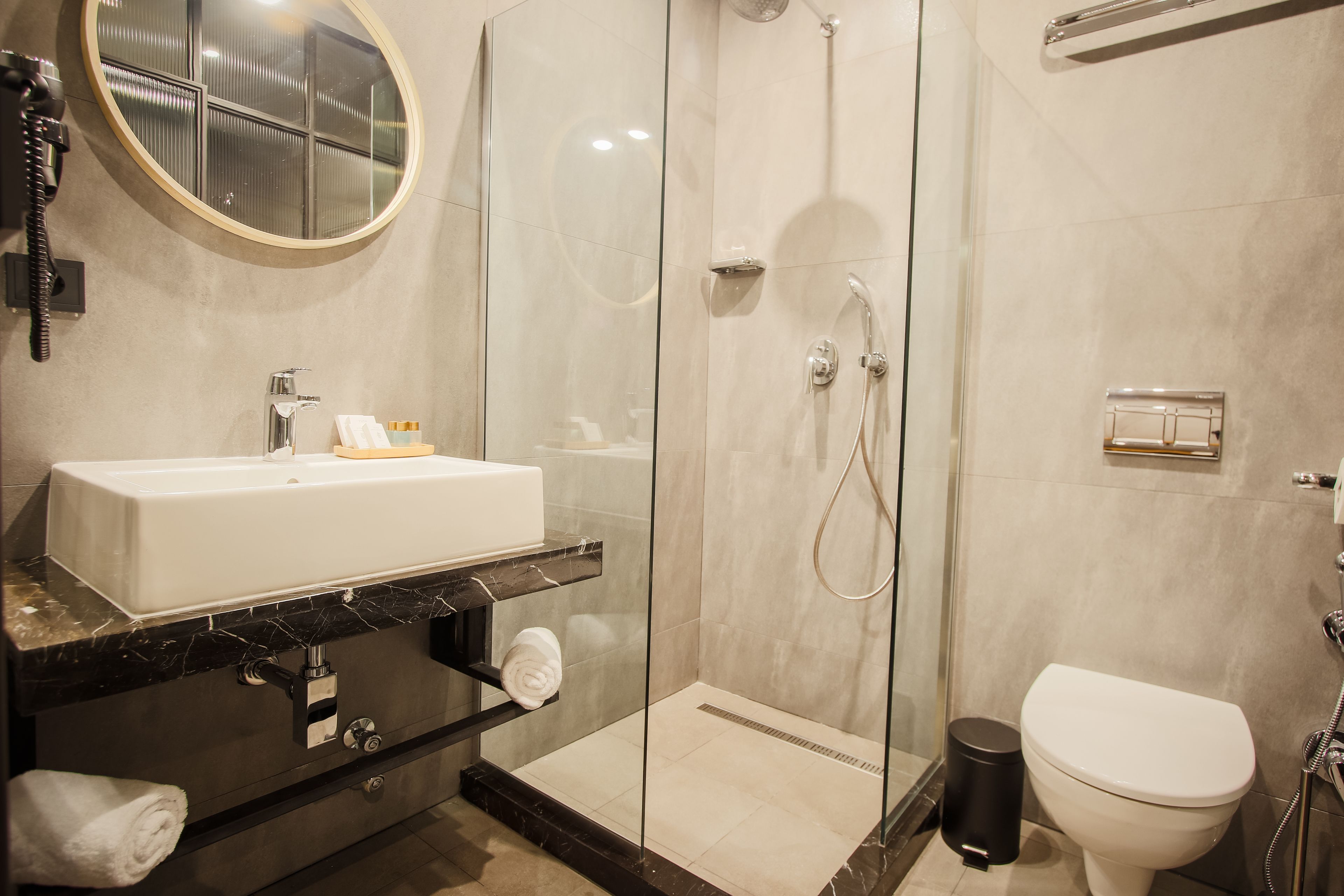 shower, free toiletries, hair dryer, bathrobes