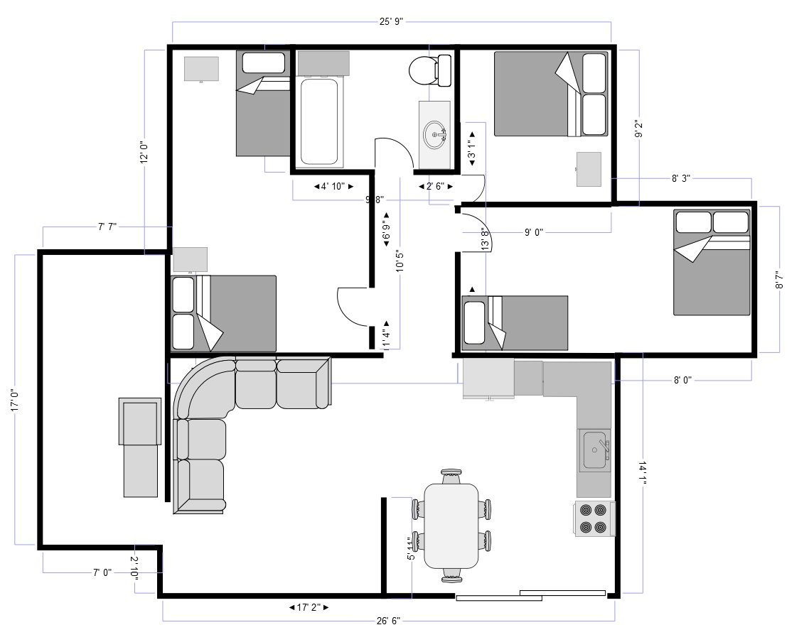 A floor plan of a hotel room with a kitchenette, a bathroom, a living area with a sofa and a dining table, and a small kitchen area.