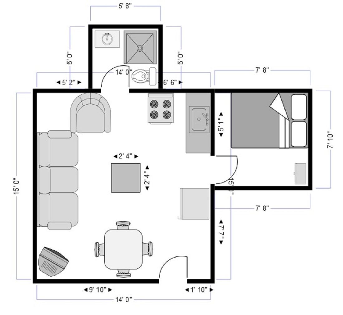 A kitchen layout with a dining area, a sink, stove, and a refrigerator.