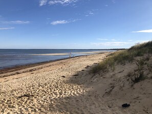 Une plage de sable fin, avec un ciel dégagé et une mer calme.