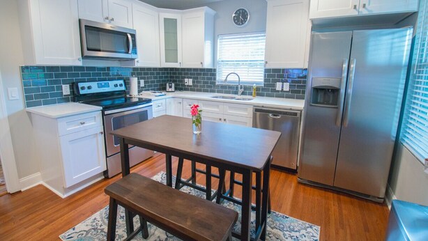 A modern kitchen with white cabinets, a stainless steel refrigerator, a microwave, and a stove.