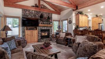 Smart TV, fireplace, video games, DVD player