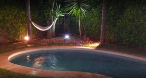 Outdoor pool, pool umbrellas, pool loungers