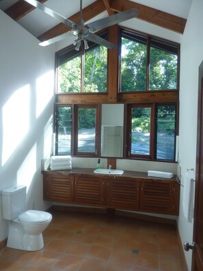 Shower, jetted tub, towels