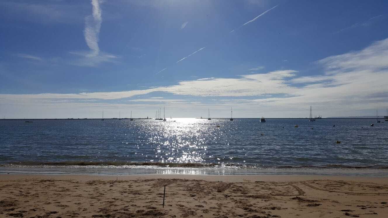 A beach with a clear sky, calm sea, and sailboats.