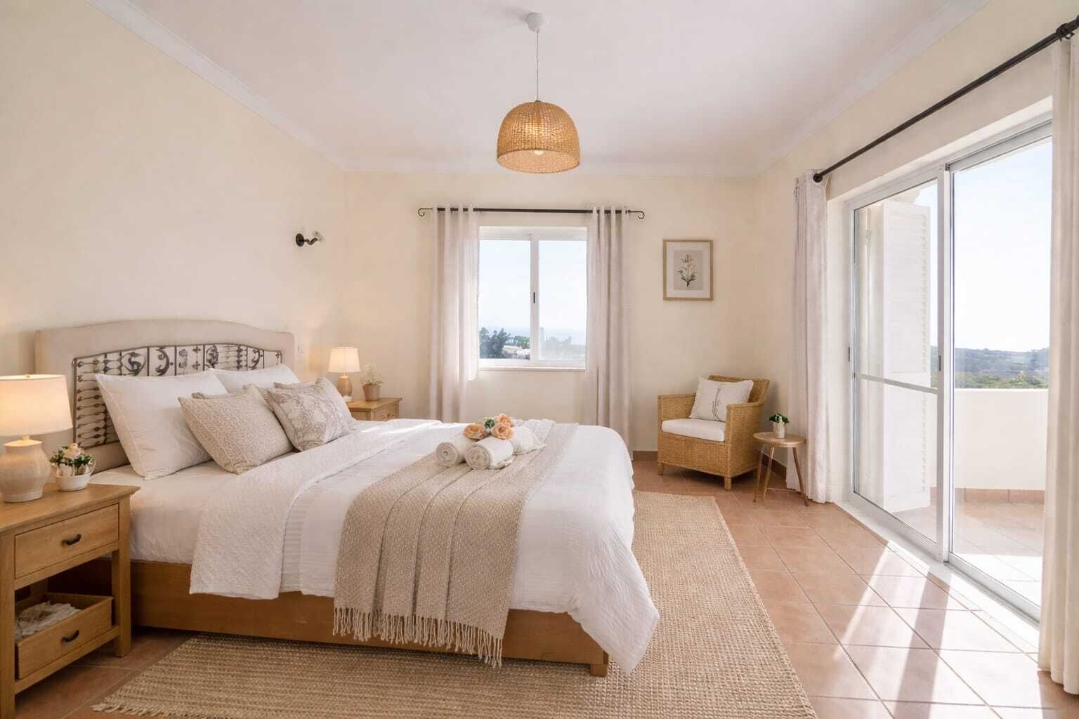 A bedroom with a bed, bedside tables, a hanging light fixture, a window with curtains, and a view of the outside.