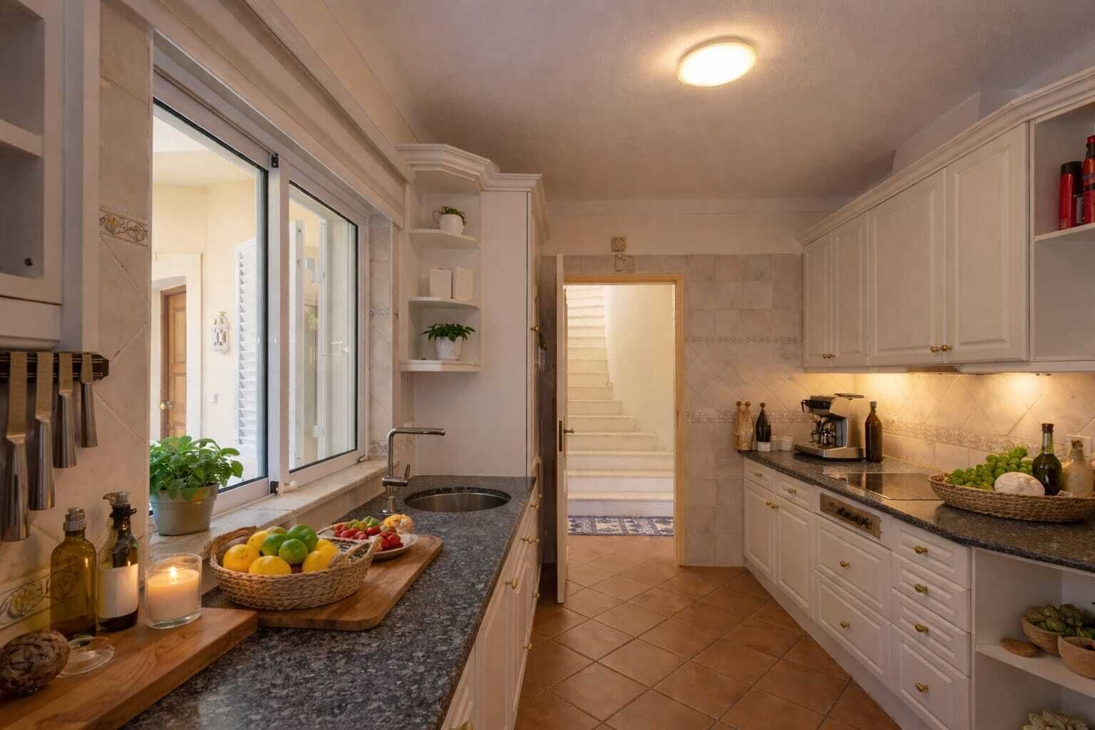 A kitchen with white cabinets, a granite countertop, a sink, and a window.
