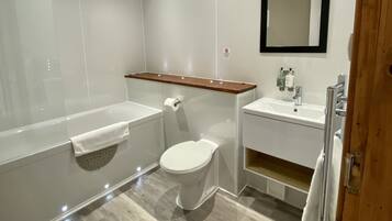 Combined shower/bathtub, eco-friendly toiletries, hair dryer, towels