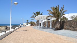 A coastal walkway with a white gazebo, palm trees, and a rocky shoreline.