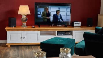 Televisio, takka, DVD-soitin, stereot