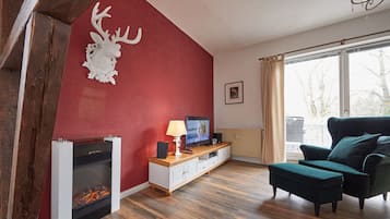 Televisión, chimenea, reproductor de DVD, estéreo