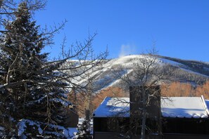 Une montagne enneigée sous un ciel bleu clair.