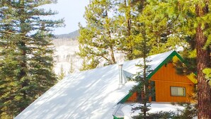 A cabin with a snow-covered roof, surrounded by evergreen trees.