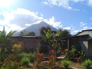 A residential area with a house, a garden with red flowers, and a mountain in the background. - Inn Hospedaje BullShark (Altagracia)
