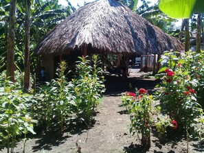 A thatched-roof hut surrounded by lush greenery and flowering plants. - Inn Hospedaje BullShark (Altagracia)