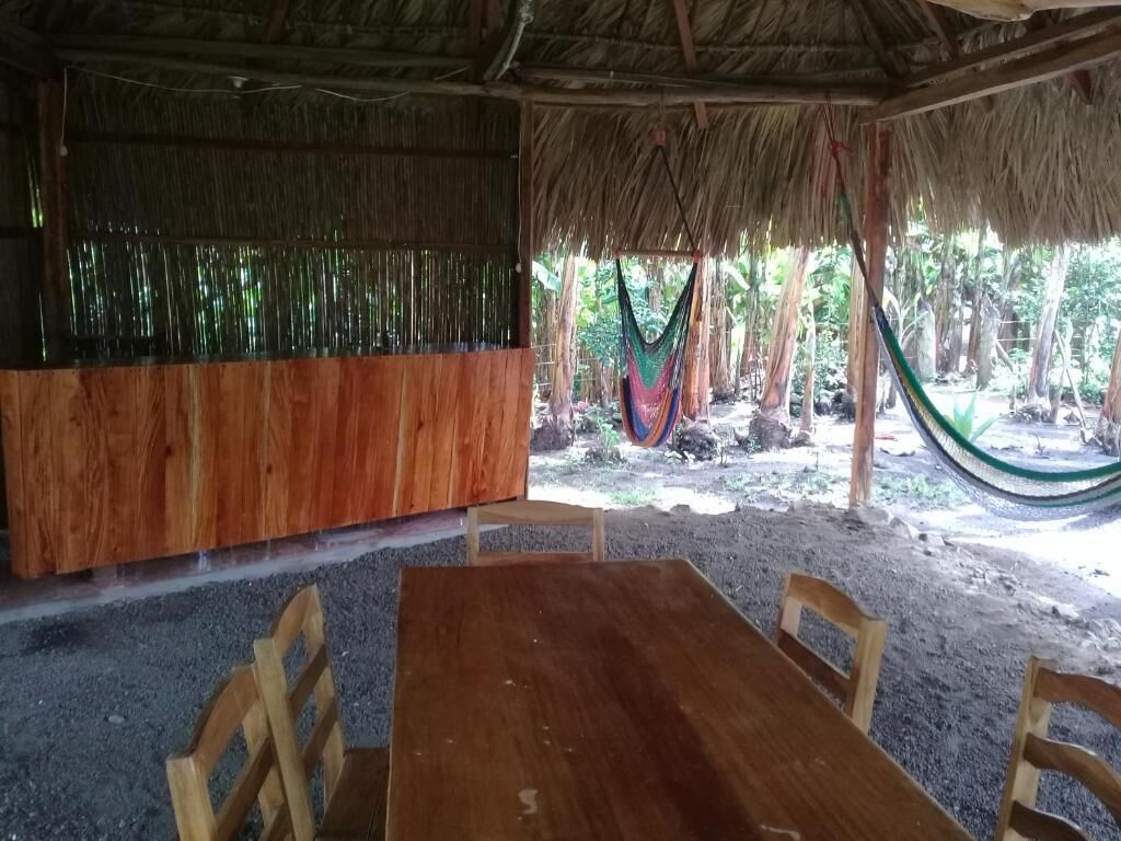 An outdoor wooden table with chairs, a thatched roof, and a hammock.