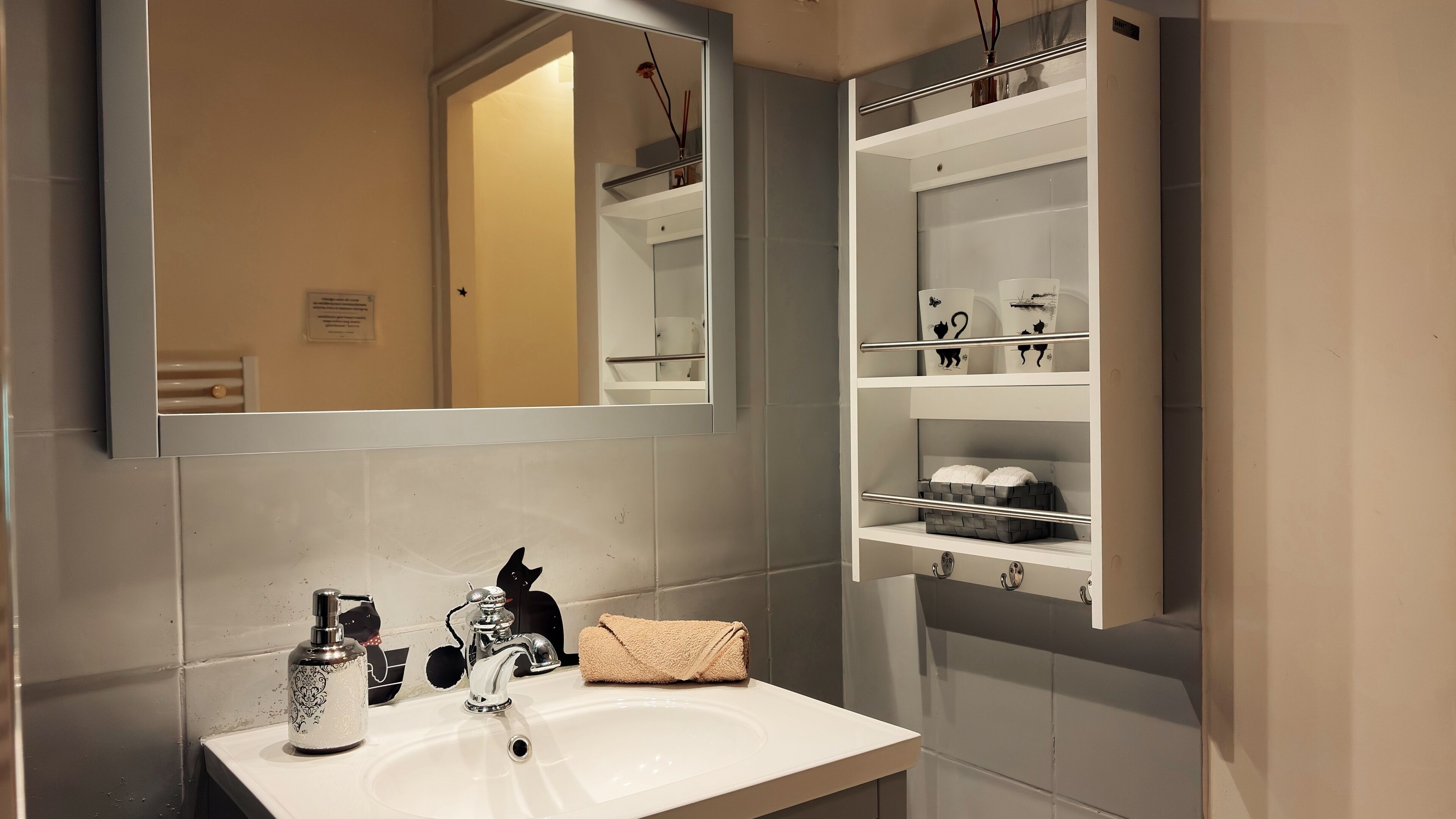 A bathroom with a white sink, two faucets, a mirror, and a towel rack.