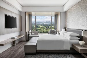 Habitación de hotel moderna con una cama grande, televisión, zona de estar con vistas y un detalle decorativo en la pared.