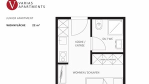 A junior apartment layout with a kitchenette, entrance, dining area, and living/sleeping area totaling 22 m². - VARIAS Business Apartments (Elsau)