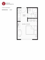 Distribución de un apartamento pequeño con kitchenette, entrada, zona de comedor y espacio para dormir y vivir, con un total de 22 m².
