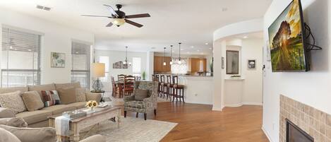 Smart TV, fireplace, DVD player, books