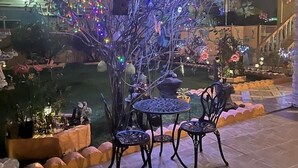 An outdoor seating area with tables and chairs, surrounded by decorative plants and a small pond.