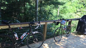 A wooden deck with two bicycles parked by a metal fence, surrounded by greenery. - Lost River WV-Relaxing 3br/2bath farmhouse-dog friendly-  treetop deck-workspace (Mathias)