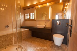 Combined shower/bathtub, hair dryer, towels, soap