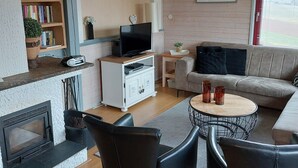 Una sala de estar moderna con chimenea, un sofá, una mesa de centro y un televisor.