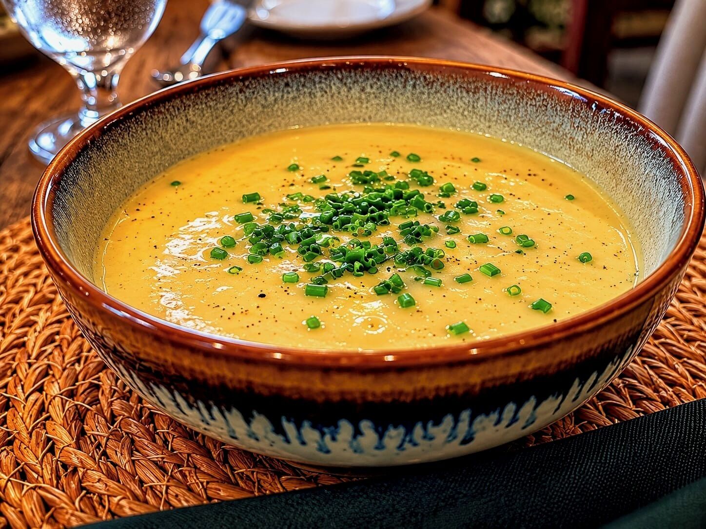 Un tazón de sopa adornado con cebollines sobre un posavasos tejido.
