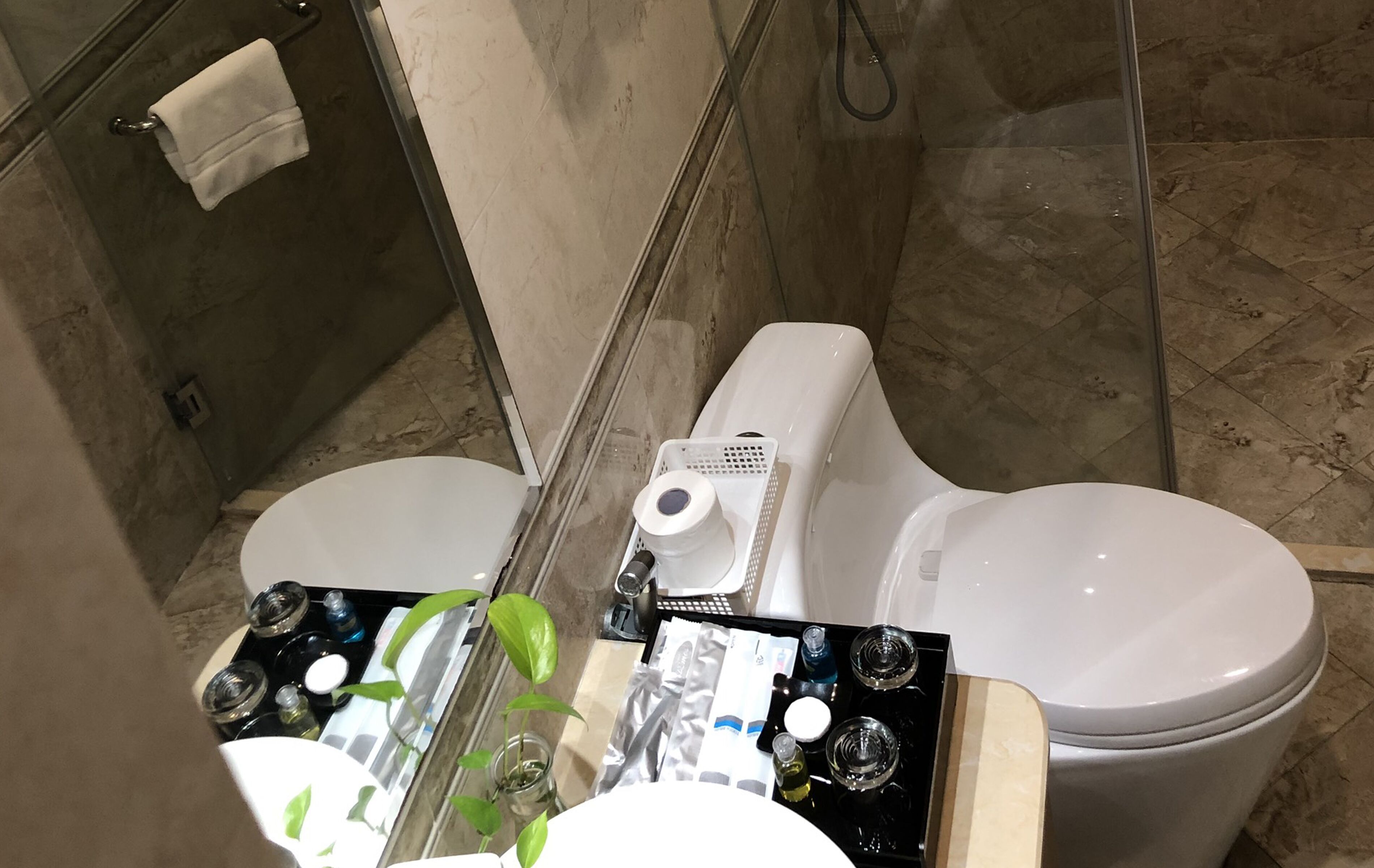 hydromassage showerhead, free toiletries, hair dryer, bathrobes
